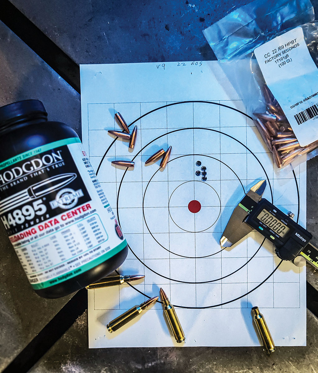 The 22 Nosler performed very well using H-4895 Powder, this group of factory second bullets was nearly identical to a group shot with factory firsts.